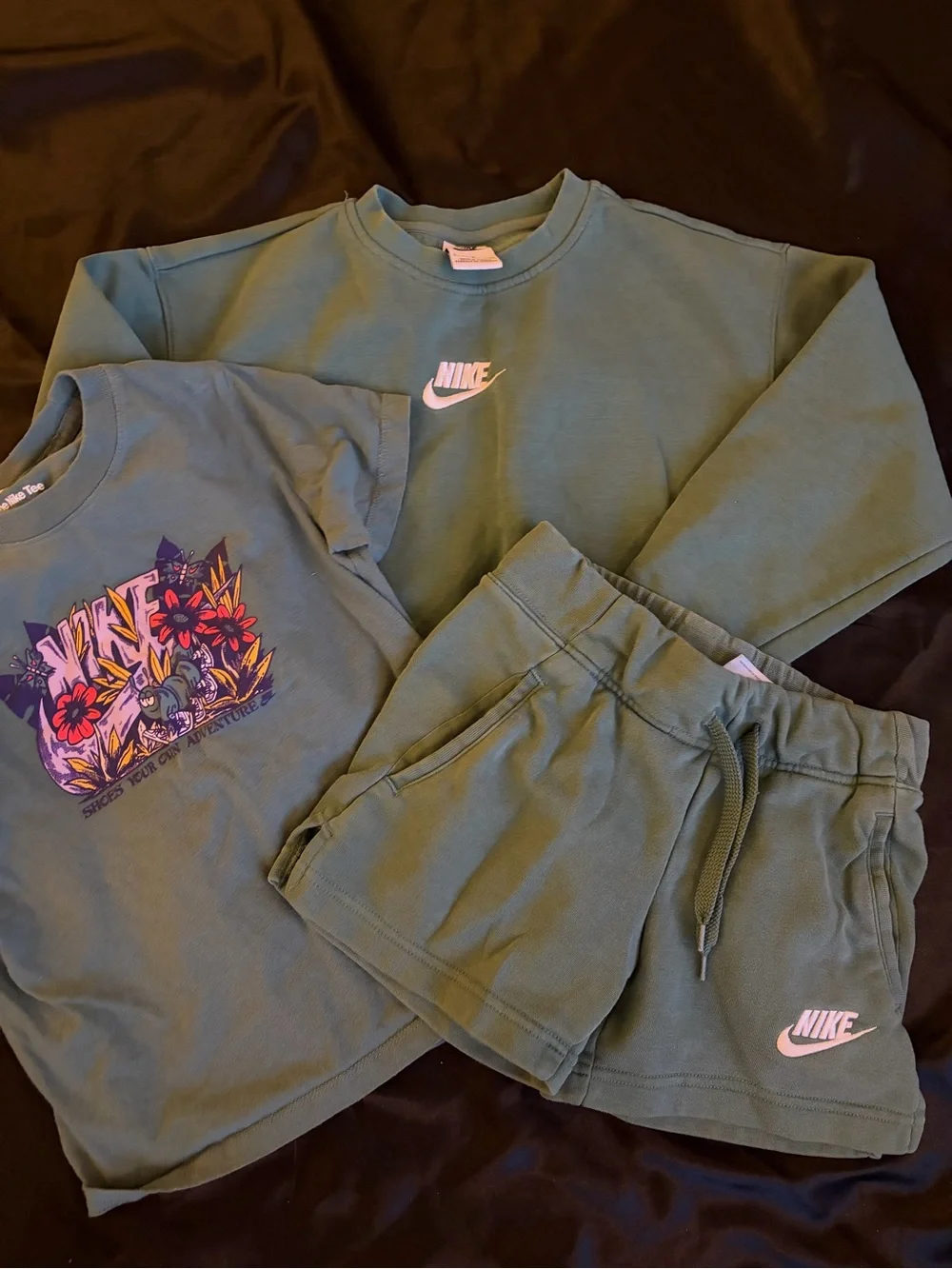 Nike Olive Green Fleece Pullover & shorts with Embroidered Logo & matching tee